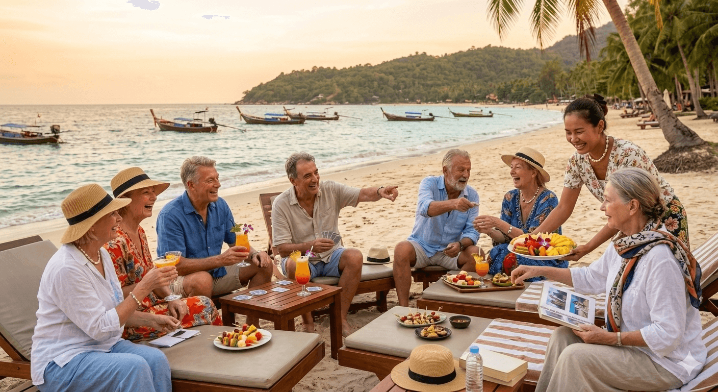 Senior retirees enjoying life on a tropical beach in Thailand