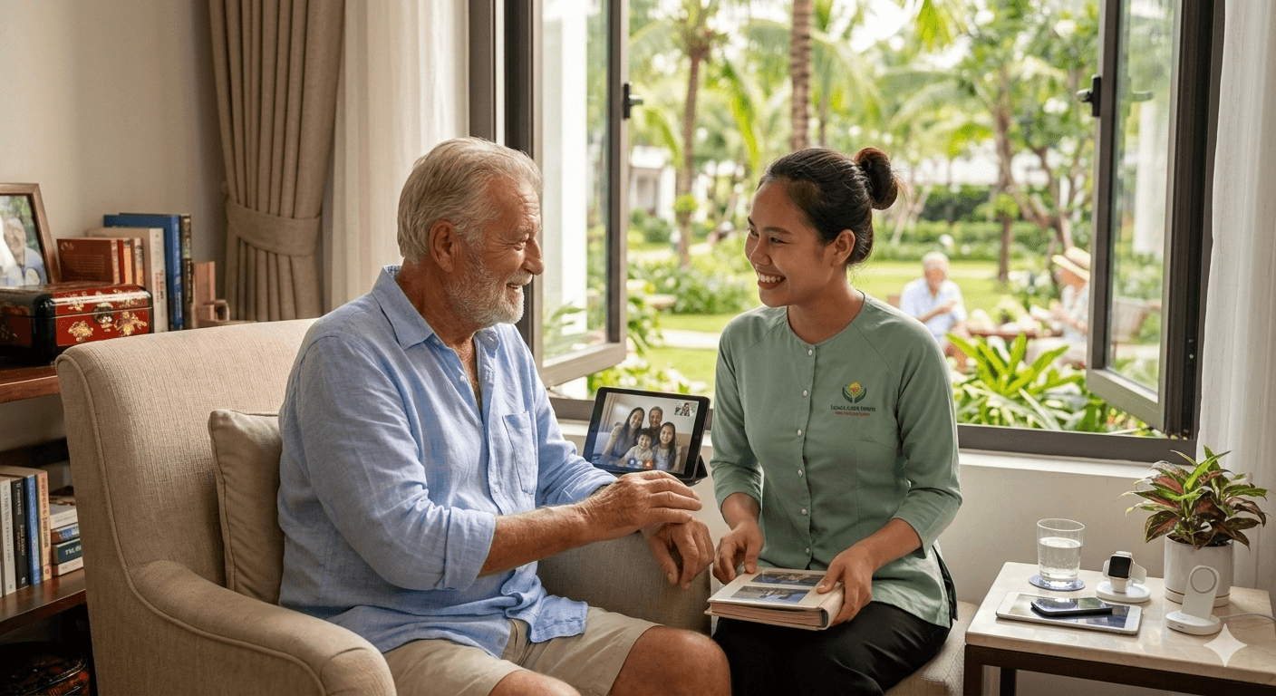Senior receiving caring home assistance in a tropical setting