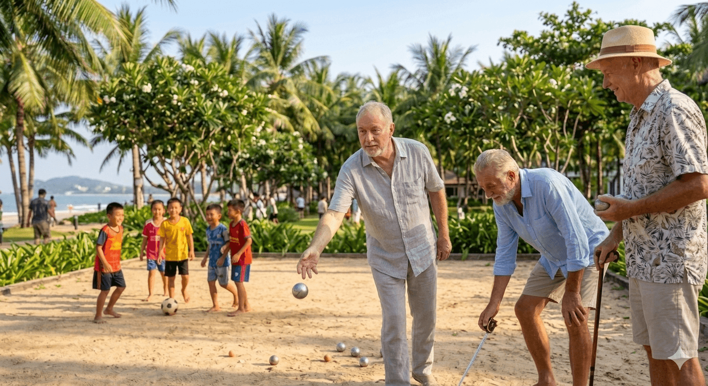 Senior retirees playing boule on a tropical beach