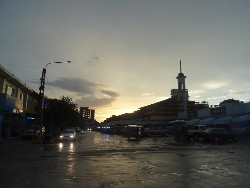 Clock tower of Phsar Nat central market in Battambang in evening light