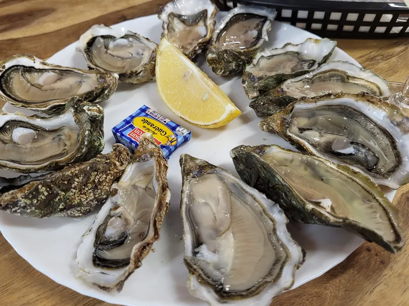 Teller mit einem Dutzend frischer Austern aus dem Bassin d'Arcachon am Marché des Capucins in Bordeaux