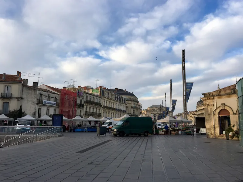 Aufbau des Wochenmarkts am frühen Morgen auf der Place de la Comédie in Montpellier