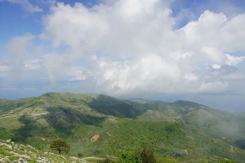 View east from Mount Pantokrator over north-east Corfu in May 2023, before the July 2023 wildfires