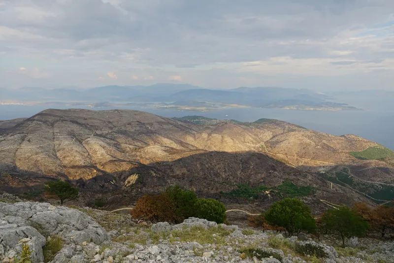 The same view from Mount Pantokrator in August 2023. The hillsides of north-east Corfu were burnt by the July 2023 wildfires.