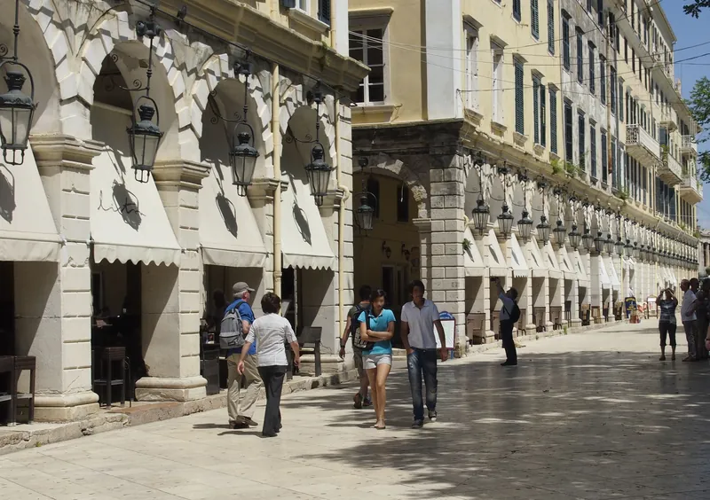 The Liston arcade in Corfu Town's old town with cafés and people strolling