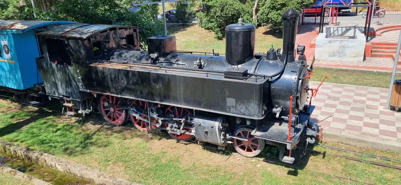 Retired, rusting steam locomotive in Kalamata's railway park. Since the Peloponnese line closed in 2011, Kalamata has had no rail connection.