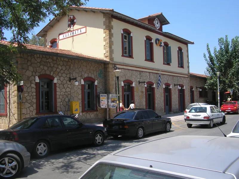 Kalamata railway station building. Train services on the Peloponnese line were suspended in 2011.