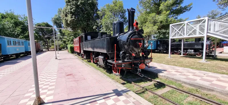 Steam locomotive and historic carriages in Kalamata's Municipal Railway Park