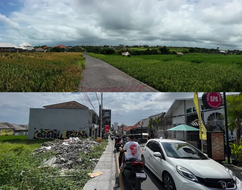 Bildvergleich des Urhebers: dieselbe Stelle am Canggu Shortcut 2013 (oben, Reisfelder) und 2023 (unten, bebaute Straße mit Bauschutt und Verkehr) - dokumentiert die Überbauung Süd-Balis