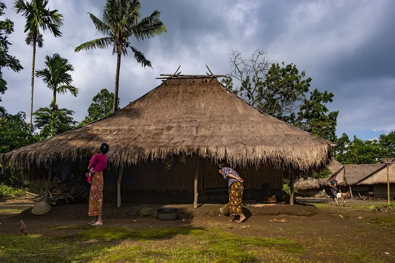 Traditional bamboo house with an alang-alang thatched roof in Senaru, a mountain village at 700 m on Mount Rinjani, Lombok
