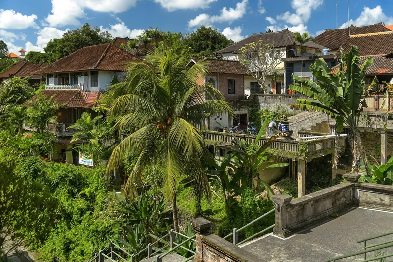 Wohnhäuser zwischen Palmen und Bananenstauden am Hang in Ubud