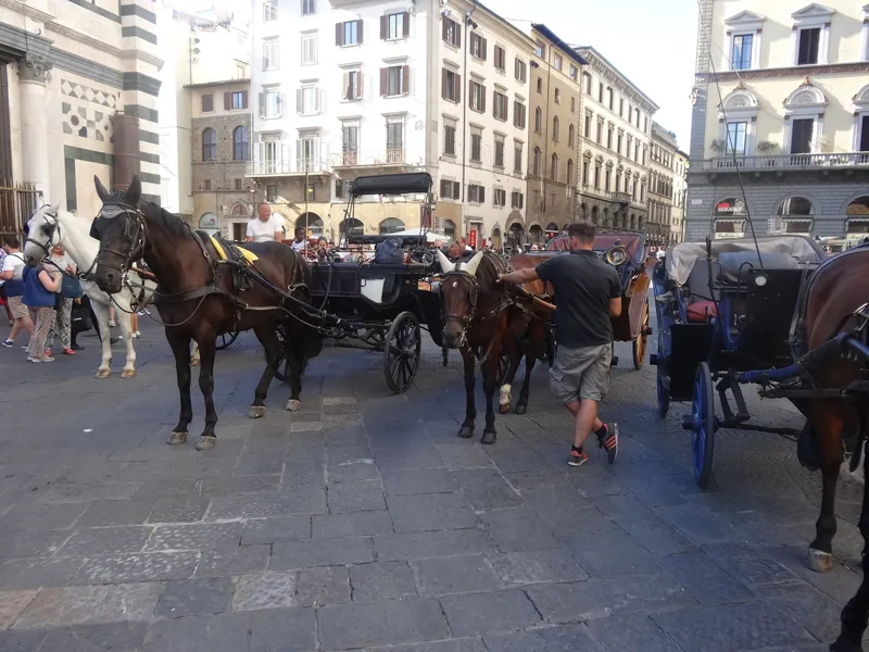 Pferdekutschen und Passanten auf der Piazza del Duomo in Florenz