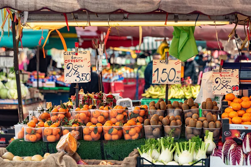 Fruit stall with prices in euros at the Mercato della Frutta, Porta Palazzo, Turin