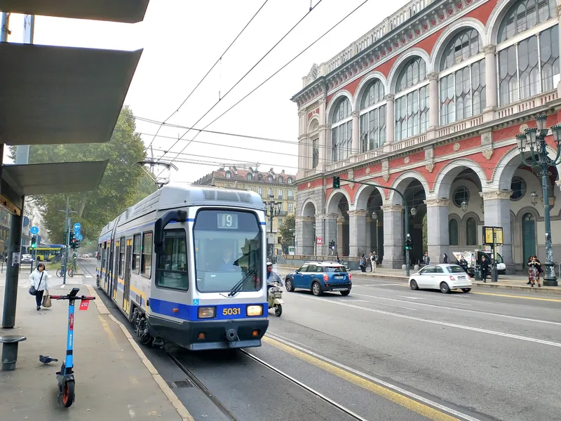 Modern line 9 tram at Torino Porta Nuova station