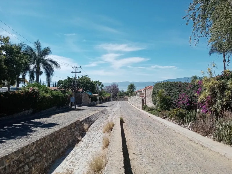 Cobbled Calle Revolución in Ajijic on the north shore of Lake Chapala, looking towards the lake