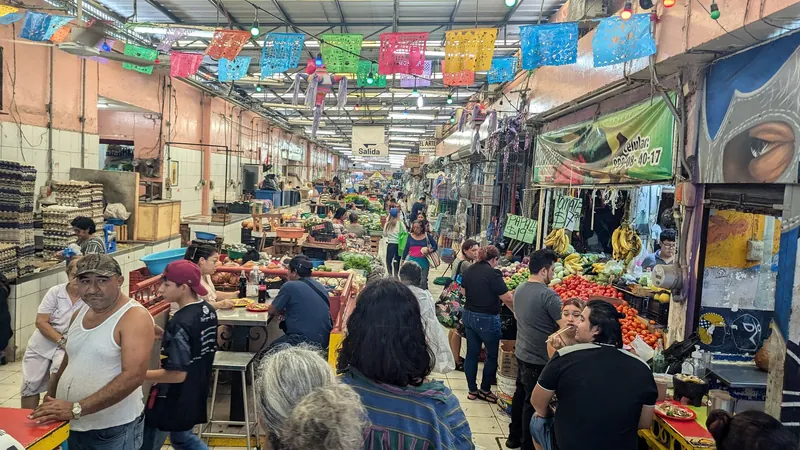 Markthalle des Mercado Lucas de Gálvez in Mérida mit Obst-, Gemüse- und Kleiderständen