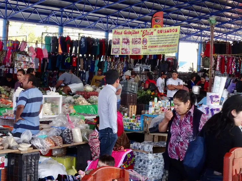 Gemüse-, Lebensmittel- und Kleiderstände auf dem Tianguis de los Martes, dem Dienstagsmarkt von San Miguel de Allende