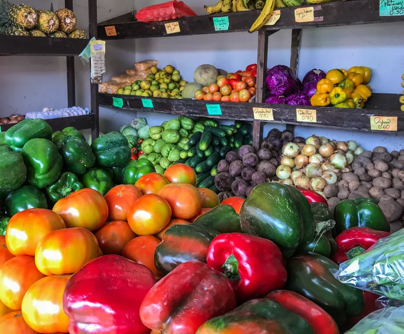 Obst- und Gemüsestand im öffentlichen Markt von Boquete mit Preisen in US-Dollar