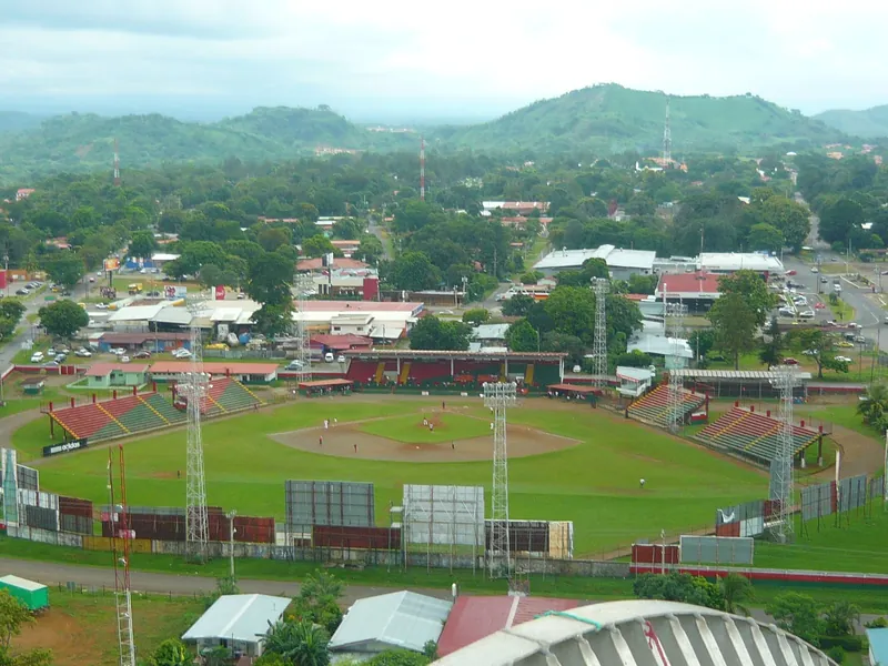 View over David with the Kenny Serracín baseball stadium and the Chiriquí hills