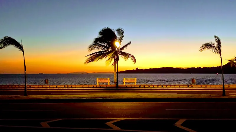 Palmen und Uferpromenade der Calzada de Amador in Panama-Stadt bei Sonnenuntergang