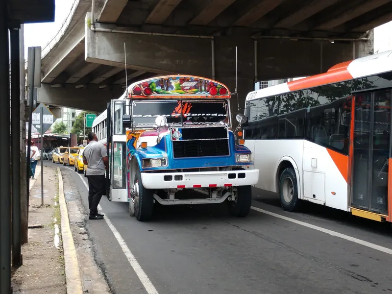 Als Linienbus genutzter ehemaliger US-Schulbus (Diablo Rojo) unter einer Hochstraße in Panama-Stadt