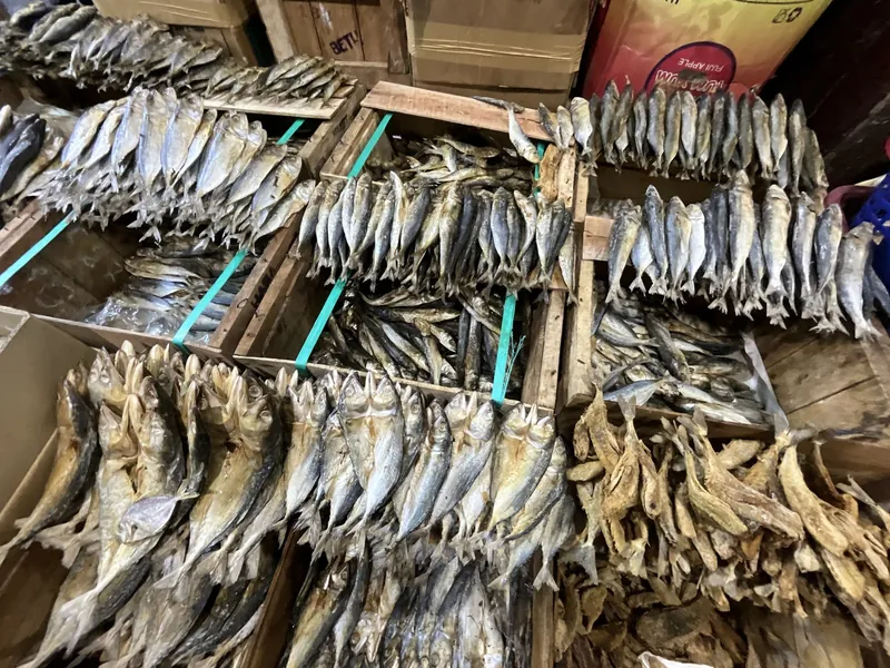 Getrockneter Fisch in Holzkisten auf dem Taboan Dried Fish Market in Cebu City