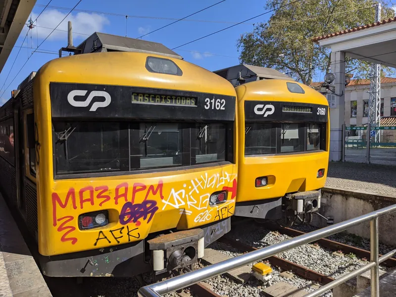 Two CP class 3150/3250 trains at Cascais, terminus of the suburban line to Lisbon
