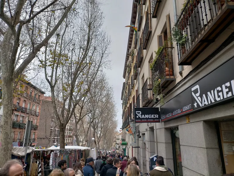 Crowds on Calle de la Ribera de Curtidores at the El Rastro flea market in Madrid