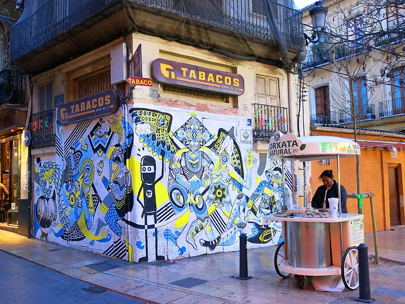 Horchata cart and mural on Plaça del Tossal in Valencia's El Carme old-town district