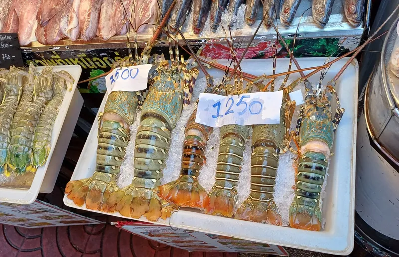 Langusten mit Preisschildern in Baht an einem Fischstand in Bangkoks Chinatown (Yaowarat)