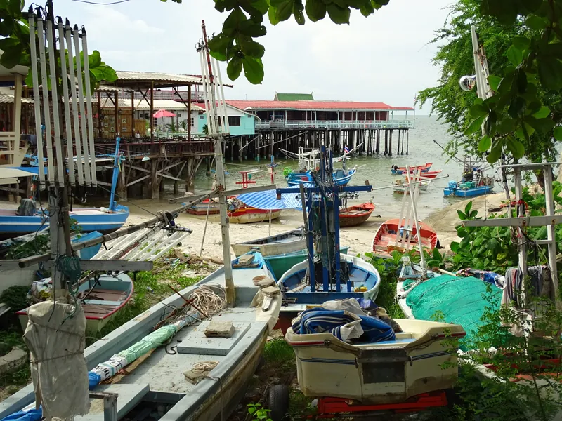 Fishing boats and stilt houses at Hua Hin harbour